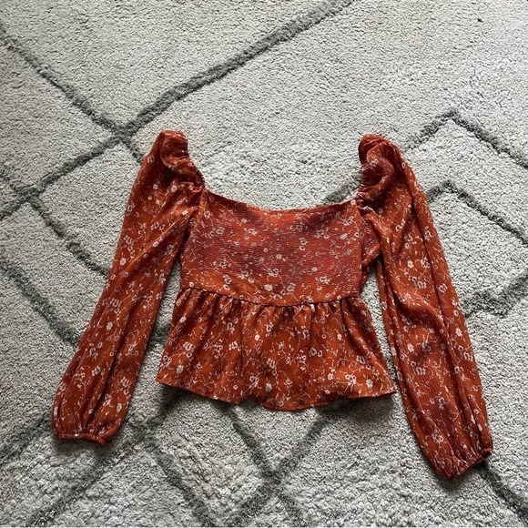 ASTR The Label Burnt Orange/Rust Floral Sweetheart Ruched Blouse Size Small - Picture 9 of 10